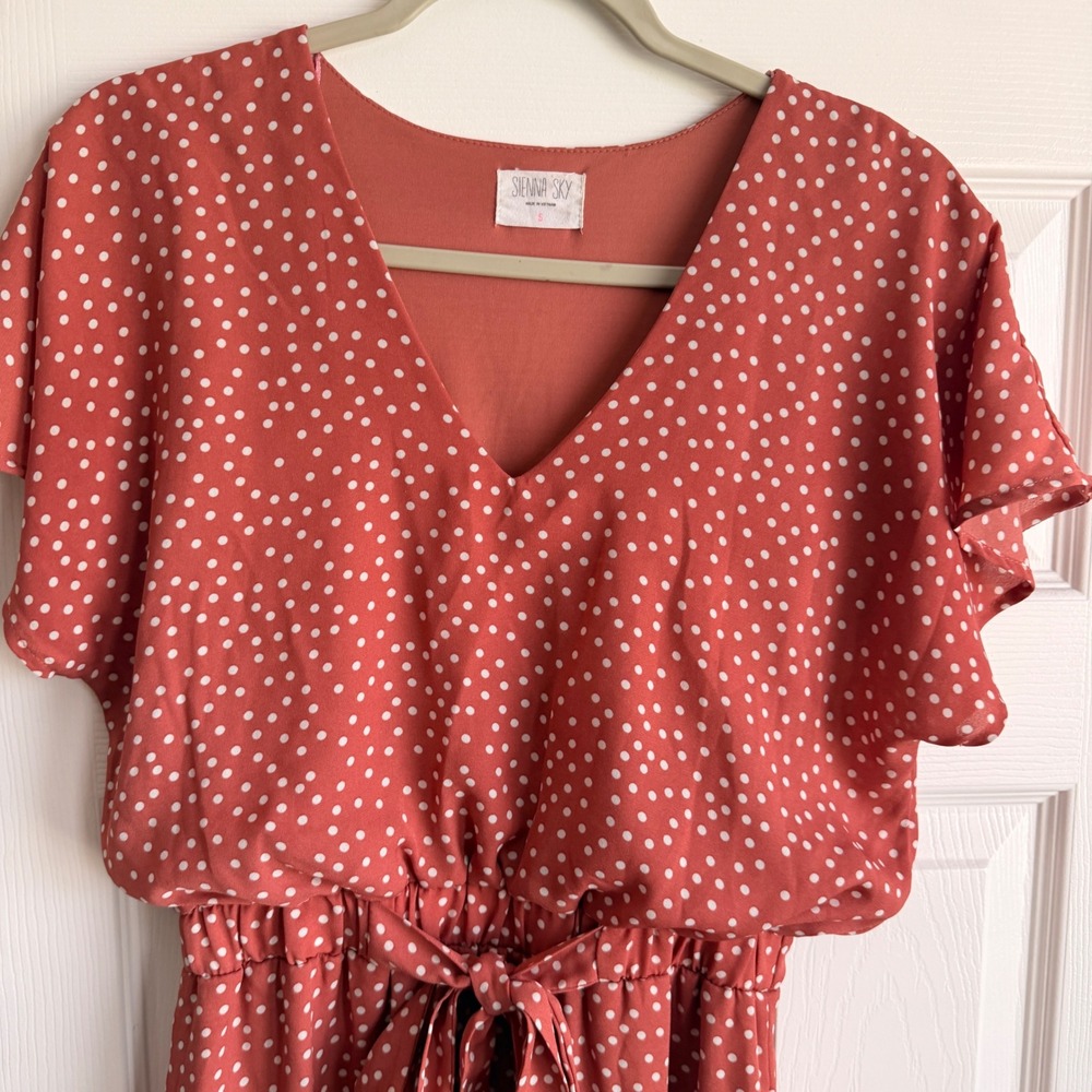 Sienna Sky Womens Rust Polka Dot V-Neck Flutter Sleeve Midi Dress Small - Picture 2 of 13